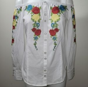 King Ranch Floral Embroidered Off-Shoulder White Top